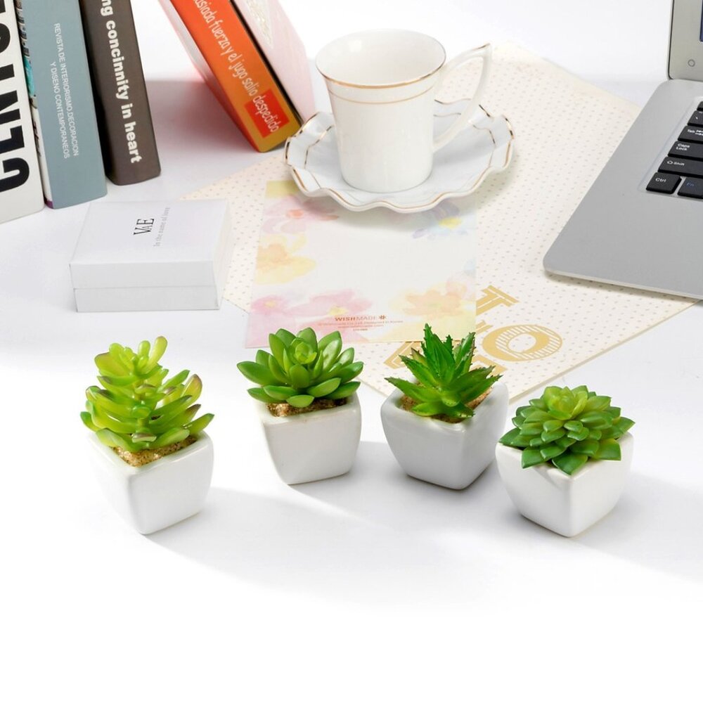 A Set of 4 Artificial Succulents Potted in Modern Cube-Shaped White Ceramic Pots